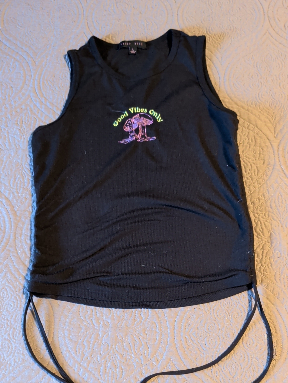 Embroidered mushy vibes side cinch tank